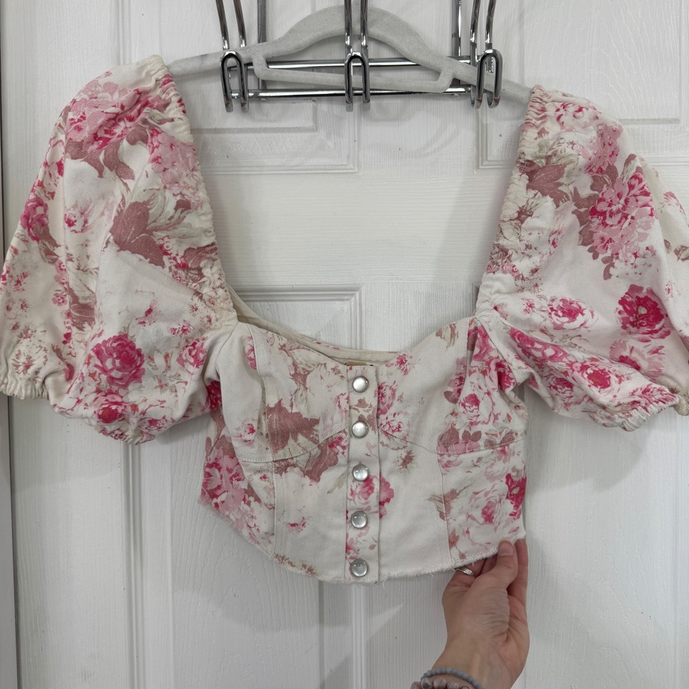 For Love & Lemons Pink Floral Corduroy Puff Sleeve Crop Top XS - Picture 10 of 10